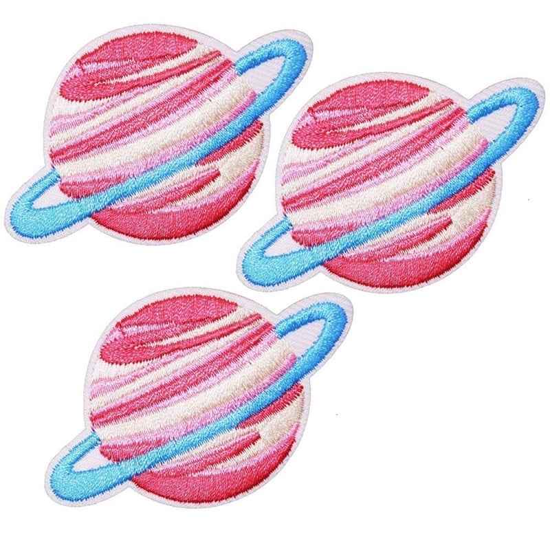 U-Sky Sew or Iron on Embroidered Patches | Vibrant Saturn Planet Design Pink Red White Blue | Cosmic Space Theme | DIY Crafters Kids Teens | Clothing Bags Accessories | 2.5"x1.6" 3PCs Pack - Image 1